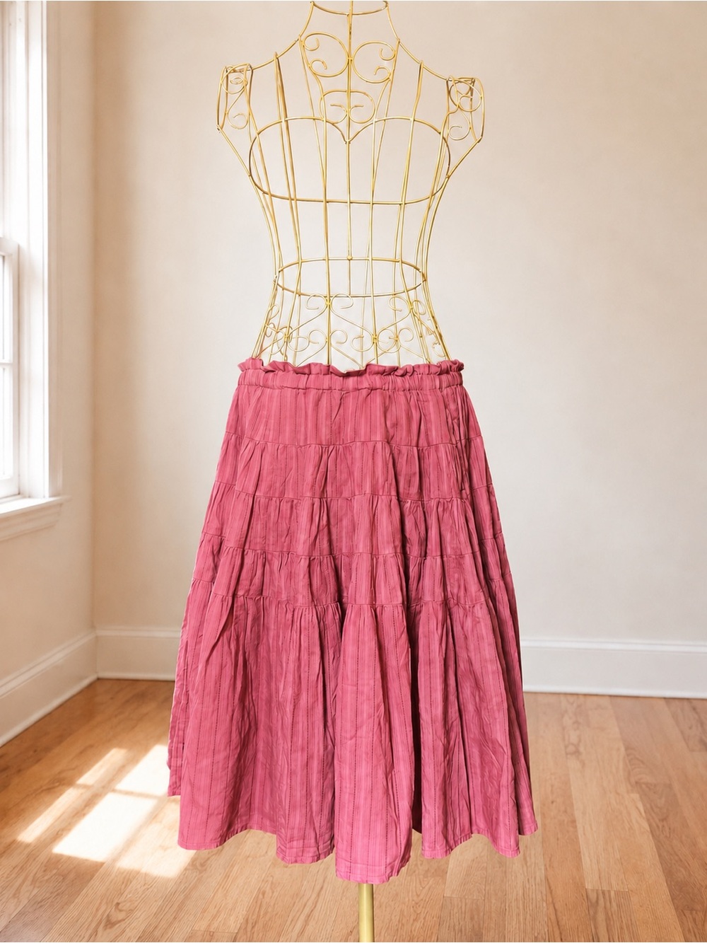 Pink 100% Cotton Tiered Boho Peasant Midi Ruffle Skirt